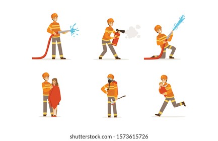 Young Firefighter Wearing Uniform Performing His Duties and Saving People Vector Illustrations