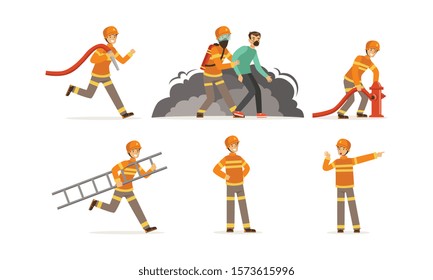 Young Firefighter Wearing Uniform Performing His Duties and Saving People Vector Illustrations