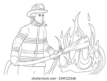 Young firefighter who extinguishes a fire with a fire hose, vector image, outline