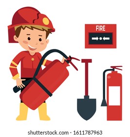 Young fireman with extinguisher, shovel. Vector illustration.   