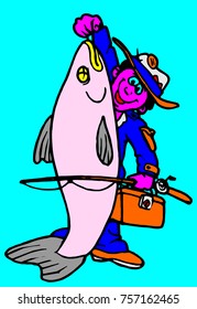 young fisherman catch real big fish vector ilustration