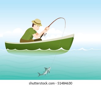 young fisherman catching a fish