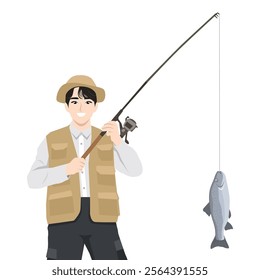 Young fisherman catching fish on rod. Flat Vector character illustration