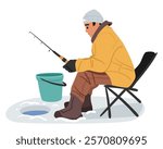 Young fisherman character relaxing outdoors during winter fishing sitting on chair with rod spinning front of ice hole in lake vector illustration. Personal hobby activity and wintertime fishery