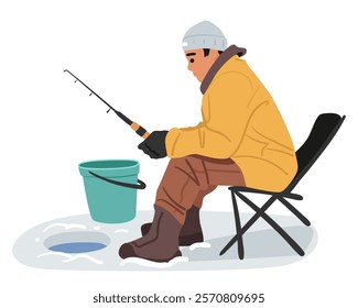 Young fisherman character relaxing outdoors during winter fishing sitting on chair with rod spinning front of ice hole in lake vector illustration. Personal hobby activity and wintertime fishery