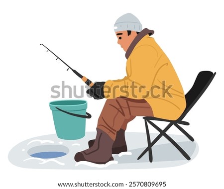 Young fisherman character relaxing outdoors during winter fishing sitting on chair with rod spinning front of ice hole in lake vector illustration. Personal hobby activity and wintertime fishery