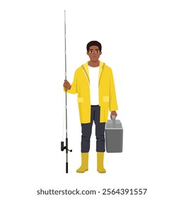 Young Fisherman Character Stands with Rod On Shoulder and Tackle Box In Hand. Flat Vector character illustration