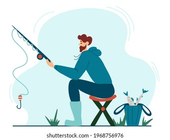 Young fisherman fishing. Young man sitting on a stool enjoying leisure time in nature. Banner, site, poster template. Fishing, men's outdoor recreation. Vector illustration in cartoon style.