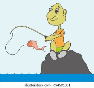 Young fisherman fishing. vector illustration