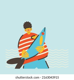 A young fisherman guy is holding a big fish in front of the sea. Stylish vector illustration, postcard, poster, print, design.