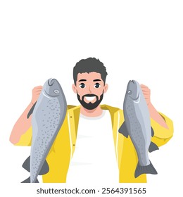 Young fisherman hold big fish proud of good haul or hunt. Flat Vector character illustration