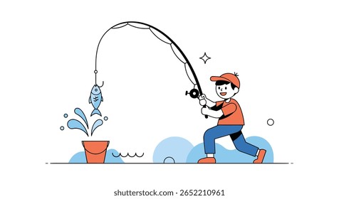 Jovem pescador alegremente pega um peixe com sua haste em uma ilustração de balde