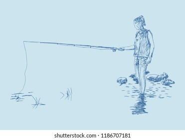 Young fishing woman on the river bank in the water resting on the nature. Hand drawn illustration