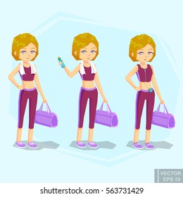 young fit blond woman in sportswear, with water bottle Bag, Player, towel after workout. cartoon vector illustration eps10.