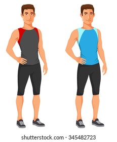 young fit guy in sport or gym wear. Handsome young man, ready for his workout. Healthy lifestyle concept. Cartoon character.