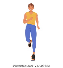 Young, Fit Male Character Jogging Front View In A Casual, Vibrant Sportswear. Concept Of Of Health, Vitality And Fitness Exercise, Wellness And Active Lifestyles. Cartoon People Vector Illustration