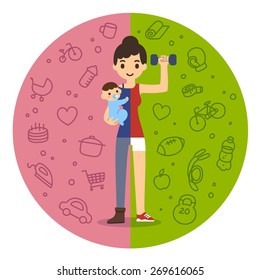 Young fit mom holding a baby boy on the left and in fitness gear with a dumbbell on the right. Background is divided in two theme patterned parts. Cute and simple modern flat cartoon style.