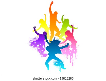 Young and fit people jumping with joy! Vector illustration.All elements are individual objects and no flattened transparencies.