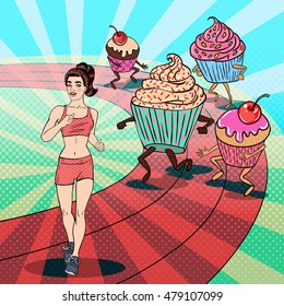 Young Fit Pop Art Woman Running away from Sweets and Desserts. Vector illustration