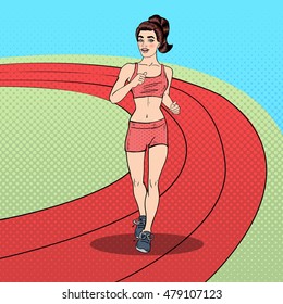 Young Fit Pop Art Woman Running on the Stadium. Vector illustration