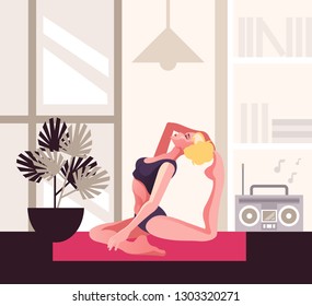 Young fit slim woman character doing yoga. Home exercises concept. Vector flat graphic design cartoon isolated illustration