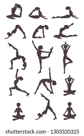 Young fit slim woman character doing yoga different position. Home exercises concept. Vector flat graphic design cartoon isolated illustration set