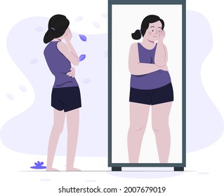 Young fit, slim woman looking at the fat girl in mirror's reflection on white background. Thinking she's not enough sportive. Concept of healthy lifestyle, fitness, sport, nutrition, and body-positive