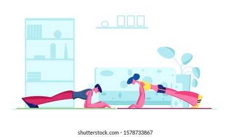 Young Fit Sporty Woman and Man Doing Plank at Home. Family Couple Hard Difficult Fitness Exercise or Push Press Ups. Sports Training Endurance, Healthy Sport Workout. Cartoon Flat Vector Illustration