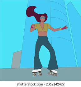 Young fit woman on roller skates riding outdoors on city street. A smiling girl with glasses is rollerblading in the urban jungle. Vector illustration