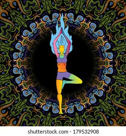 Young fit woman practices tree asana yoga vector illustration