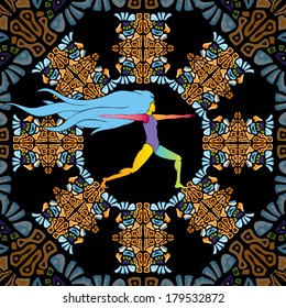 Young fit woman practices warrior asana yoga vector illustration