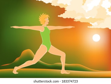 Young fit woman practices warrior asana yoga vector illustration