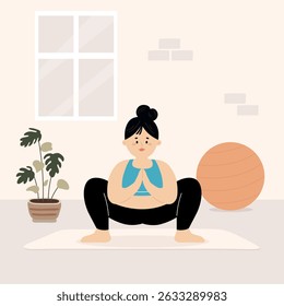 Young Fit Woman Practicing Yoga in a Home Setting. Garland Yoga pose