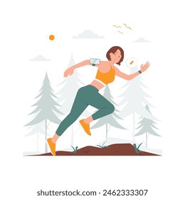 Young fit woman running energetically outside nature, depicting motion and a healthy lifestyle fitness enthusiast concept illustration