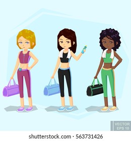 young fit woman in sportswear, with water bottle Bag, Player, towel after workout. African American blond girl cartoon vector illustration eps10.