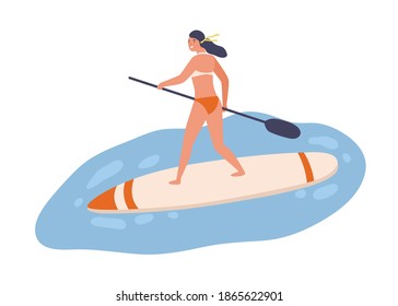 Young fit woman standing on sup board with paddle. Female character in swimwear on surfboard. Scene of summer vacation or recreation at the sea. Flat vector cartoon illustration isolated on white