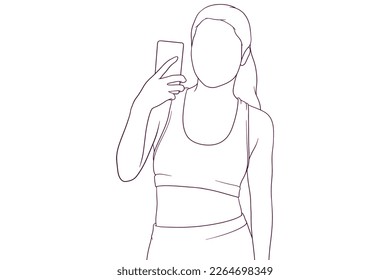 Young fitness girl holding a smartphone, posing and taking a photo. Hand drawn vector illustration