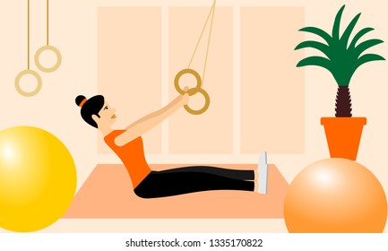 Young fitness sporty girl doing exercises during training workout, stretching in a fitness studio. Beautiful girl exercising fitness training. People vector illustration. 