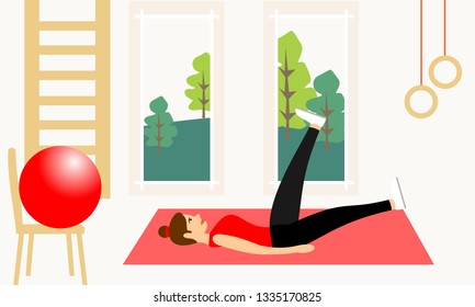 Young fitness sporty girl doing exercises during training workout, stretching in a fitness studio. Beautiful girl exercising fitness training. People vector illustration. 