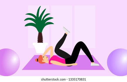 Young fitness sporty girl doing exercises during training workout, stretching in a fitness studio. Beautiful girl exercising fitness training. People vector illustration. 