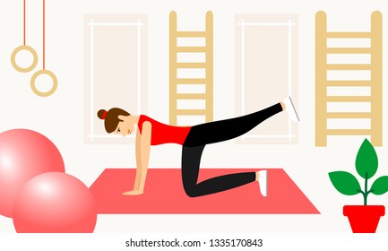 Young fitness sporty girl doing exercises during training workout, stretching in a fitness studio. Beautiful girl exercising fitness training. People vector illustration. 