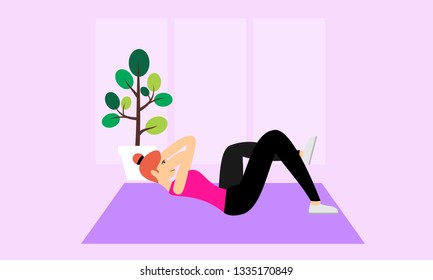 Young fitness sporty girl doing exercises during training workout, stretching in a fitness studio. Beautiful girl exercising fitness training. People vector illustration. 