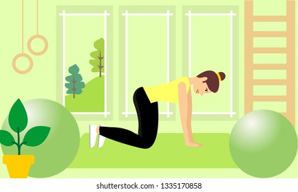 Young fitness sporty girl doing exercises during training workout, stretching in a fitness studio. Beautiful girl exercising fitness training. People vector illustration. 