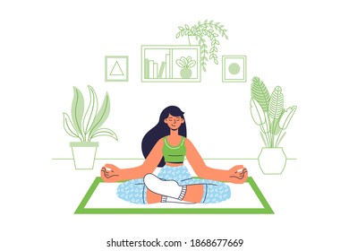 Young fitness woman in casual wear practicing yoga with mat on floor at home. Sport girl doing meditating in lotus pose exercise indoors. Cartoon character isolated. Flat vector illustration.