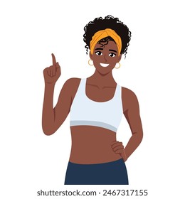 Young fitness woman pointing finger up. Flat vector illustration isolated on white background