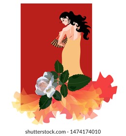 
 Young flamenco dancer with a fan in her hand, dressed in a golden dress with a lush hem, decorated with a beautiful white rose. Bride. Vertical invitation card, poster.