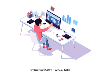Young flat businessman with glasses at the computer at work. Concept man with cellphone, device, graphic designer, new app. Vector illustration.