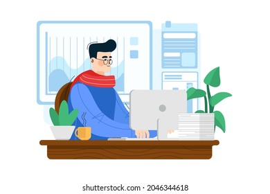Joven empresario de piso con gafas en la computadora en el trabajo Concepto de Ilustración. Ilustración plana aislada en fondo blanco.