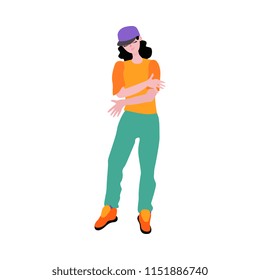 Young flat girl with long hair in cap, sneakers dancing in hip hop rap street style. Female character icon style. Teen woman dancer. Vector illustration
