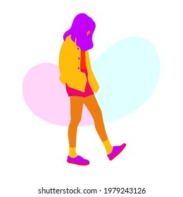 Young flat girl in shorts, jacket and sneakers walking isolated on background. Vector illustration of characters in bright colors.